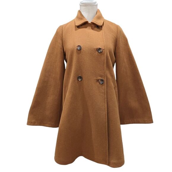 Zara Women's Camel Tan Wide Sleeve Cuffs Double Breasted Peacoat Size S - Picture 1 of 8